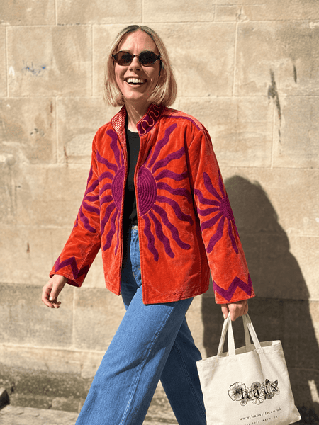 Embroidered Velvet Suzani Jacket - Orange Sunburst - Hauslife