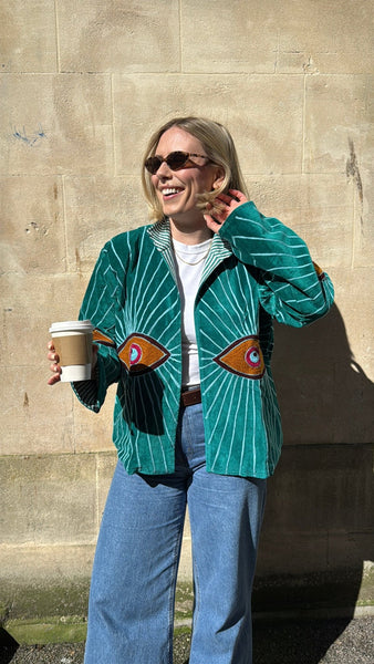 Embroidered Velvet Suzani Jacket - Teal Evil Eye - Hauslife