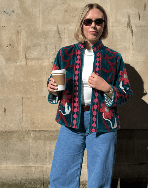Embroidered Velvet Suzani Jacket - Teal Floral - Hauslife