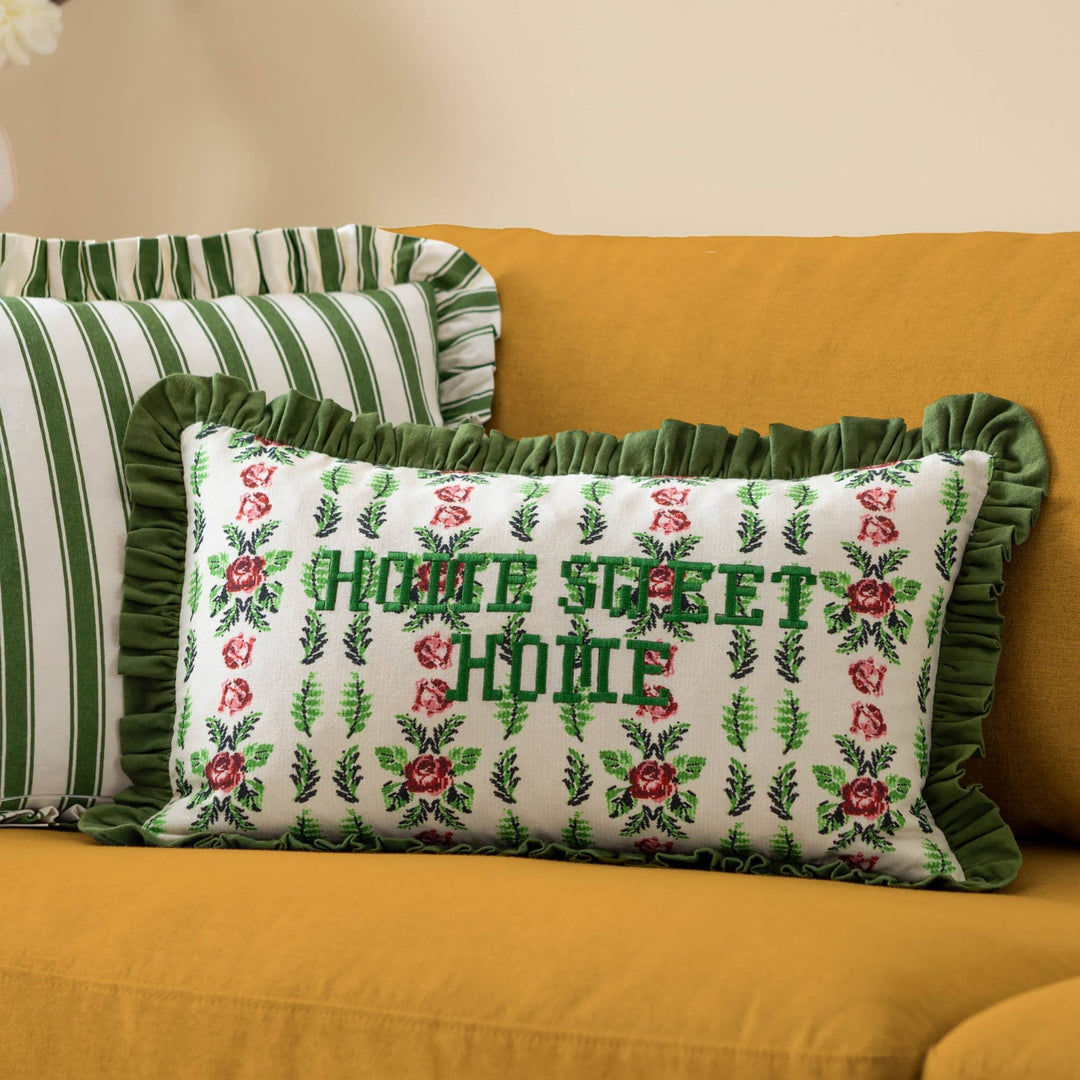 Feeoni Home Sweet Home Embroidered Cushion Green - Hauslife