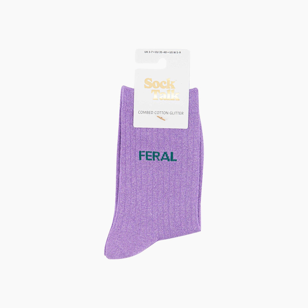 Feral Slogan Socks – Lilac Ribbed Glitter Cotton - Hauslife