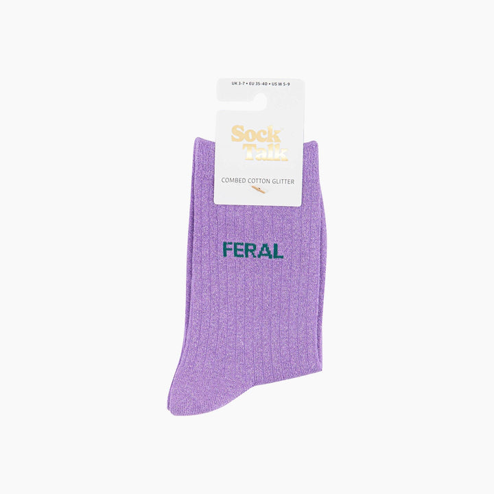 Feral Slogan Socks – Lilac Ribbed Glitter Cotton - Hauslife