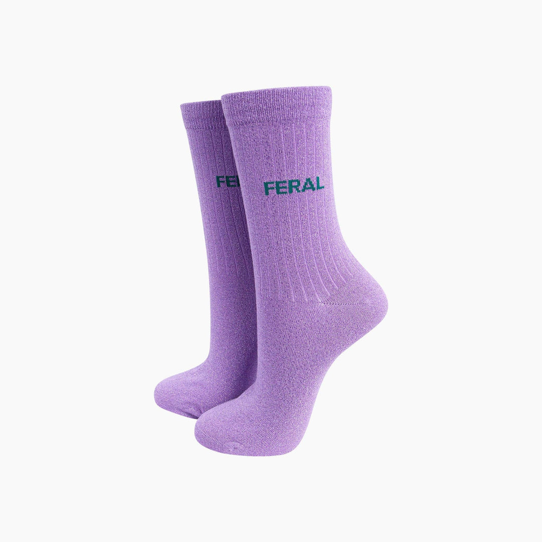 Feral Slogan Socks – Lilac Ribbed Glitter Cotton - Hauslife
