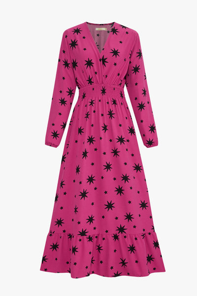 Fuchsia Starburst Print Maxi Dress with Shirring - Hauslife