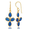 Gold Flower Drop Earrings with Blue Glass Bezel Inset - Hauslife
