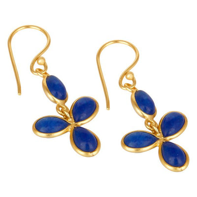 Gold Flower Drop Earrings with Blue Glass Bezel Inset - Hauslife