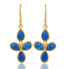 Gold Flower Drop Earrings with Blue Glass Bezel Inset - Hauslife