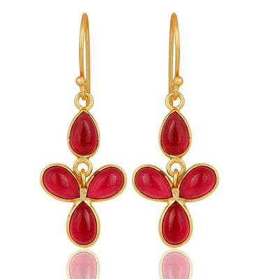 Gold Flower Drop Earrings with Pink Glass Bezel Inset - Hauslife