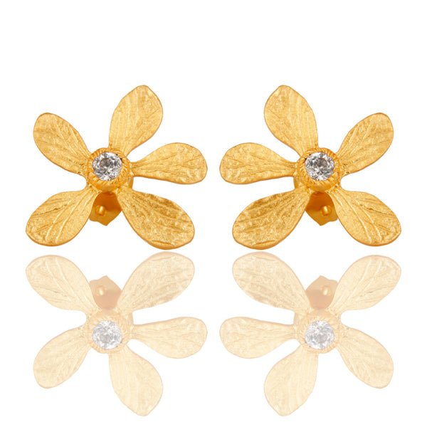 Gold Flower Earrings With Cubic Zirconia - Hauslife