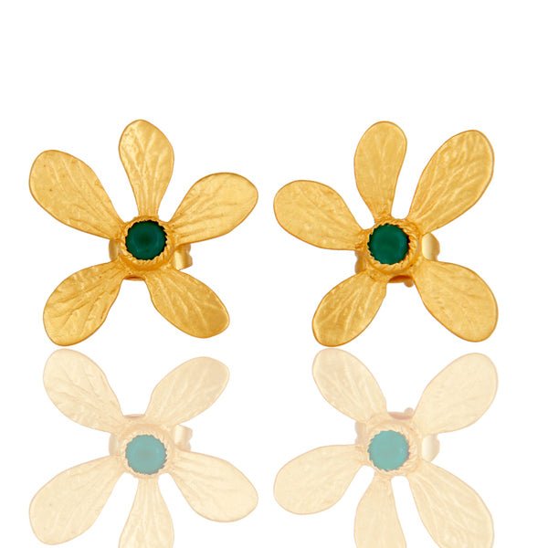 Gold Flower Earrings With Green Onyx - Hauslife