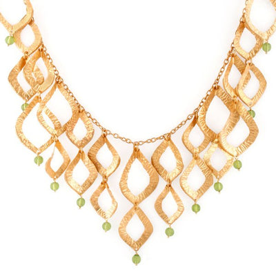 Gold Hammered Leaf Necklace with Green Peridot Beads - Hauslife