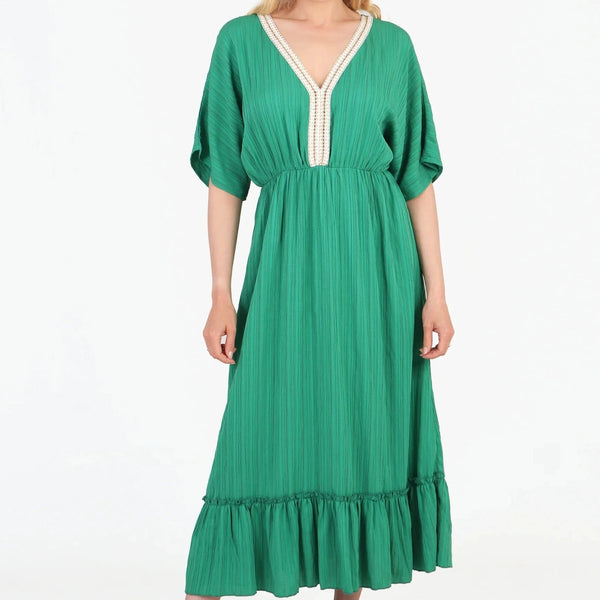Gold Rope Trim V-Neck Midi Dress - Hauslife