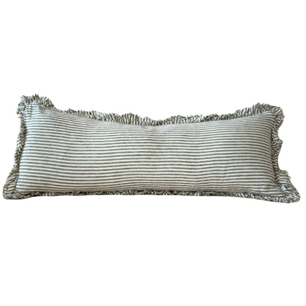 Hallie Bolster Linen Cushion Cover – Olive Stripe - Hauslife