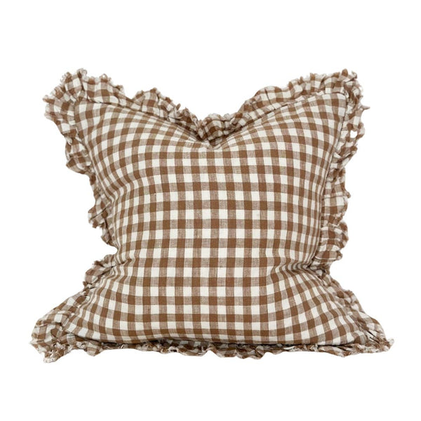 Hallie Ruffled Linen Cushion - Brown Gingham - Hauslife