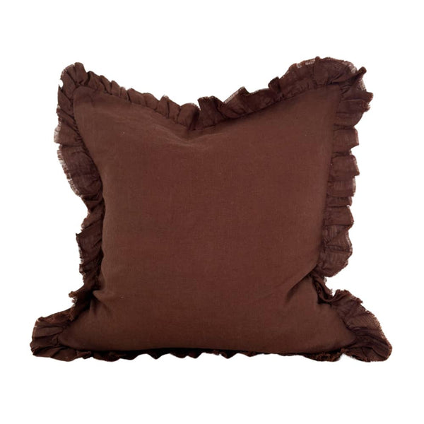 Hallie Ruffled Linen Cushion – Dark Brown - Hauslife