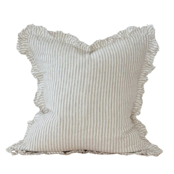 Hallie Ruffled Linen Cushion – Natural Beige Stripe - Hauslife