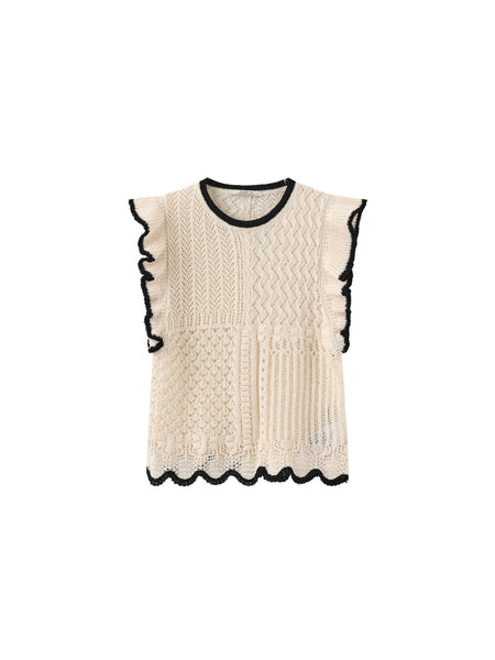 Hollow Knit Tank Top with Ruffle Sleeves - Hauslife