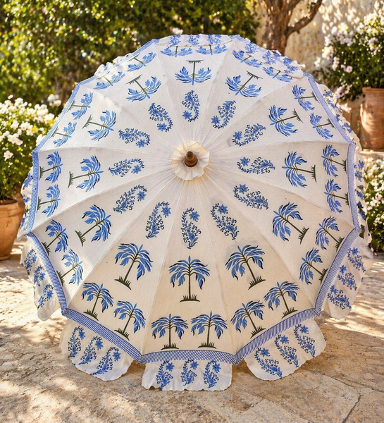 Jaipur Azure Palm Indian garden parasol — handmade hand block printed cotton canopy — Hauslife