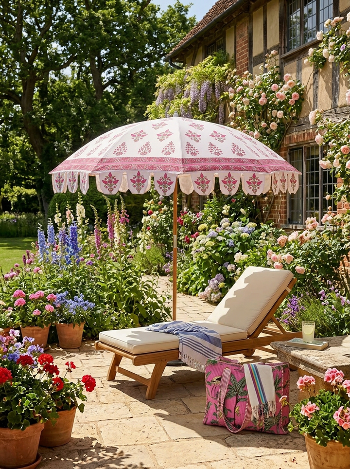 floral patterned patio umbrella Jaipur Rosebud Hand-Block Garden Parasol SHOEI X-Fourteen | Dragon non-b2b Imported. Choose base:Grey, concrete