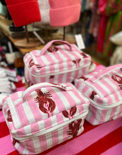 Large Handled Quilted Washbag - Pink Stripe Lobster - Hauslife