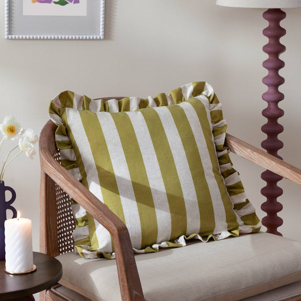 Linen Stripe Printed Ruffle Cushion Linen/Olive - Hauslife