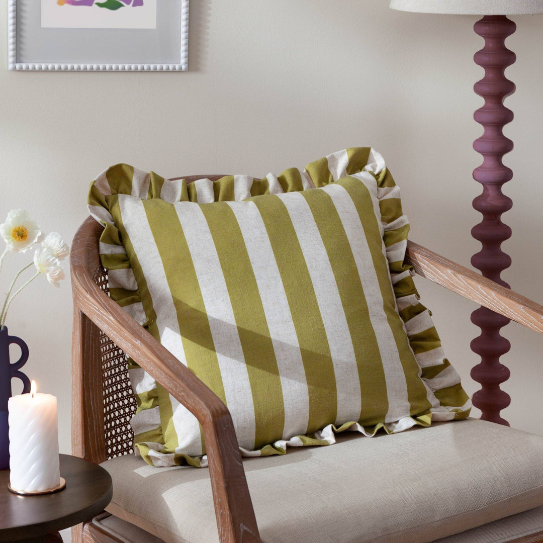 Linen Stripe Printed Ruffle Cushion Linen/Olive - Hauslife