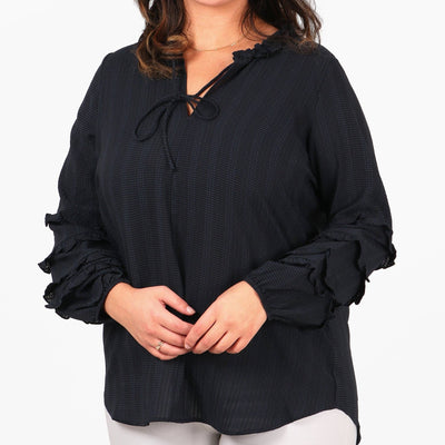 Long Frill Sleeve Grandad Collar Shirt in Navy Blue - Hauslife
