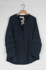 Long Frill Sleeve Grandad Collar Shirt in Navy Blue - Hauslife