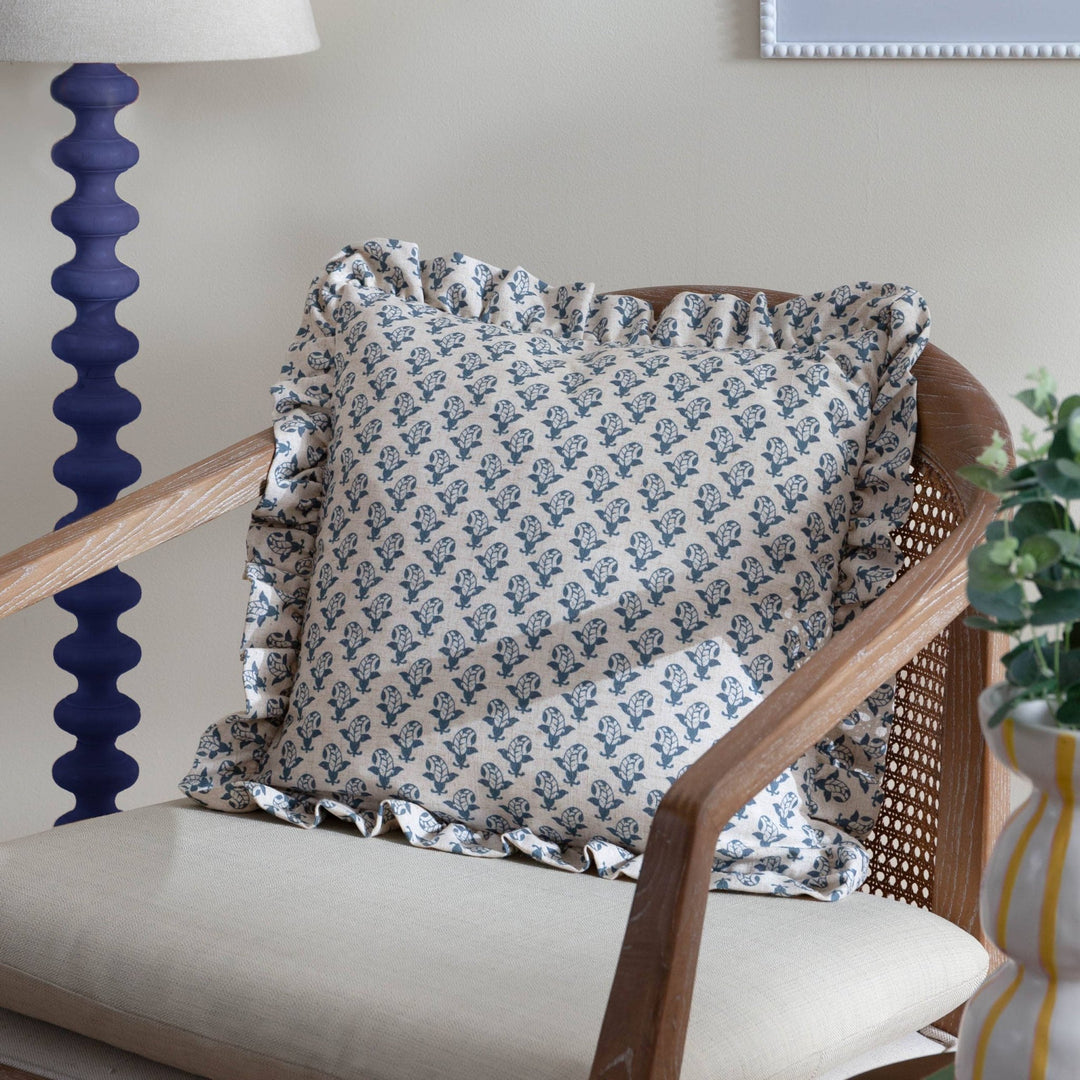 Lulah Block Printed Ruffle Cushion Linen/Blue - Hauslife