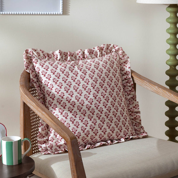 Lulah Block Printed Ruffle Cushion Linen/Red - Hauslife