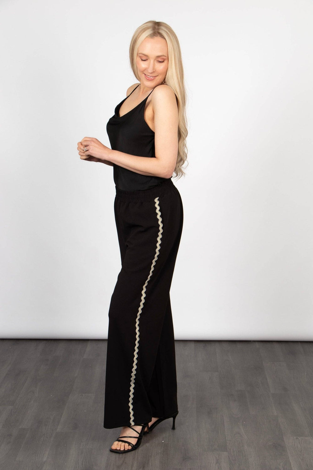 Margot Wide Leg Trouser - Black/Gold, Wavy Stripe - Hauslife