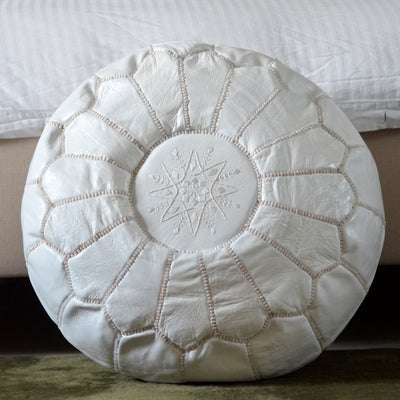 Moroccan Leather Pouffe - White - Hauslife