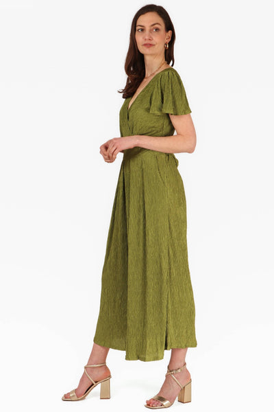 Plisse Textured Wide Leg Jumpsuit in Olive Green - Hauslife
