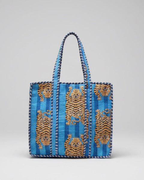 Quilted Cotton Tote Bag – Bold Blue Tiger Print - Hauslife
