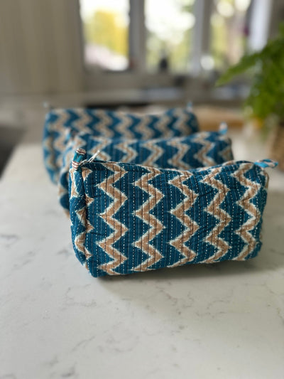 Quilted Cotton Washbag - Blue Zig Zag - Hauslife