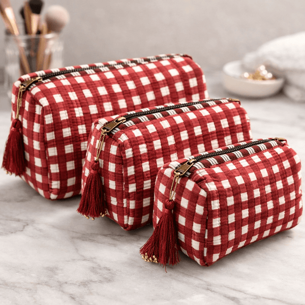 Quilted Cotton Washbag - Burgundy Gingham - Hauslife