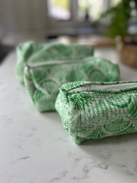 Quilted Cotton Washbag - Green Shells - Hauslife