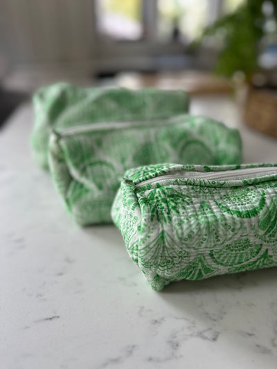 Quilted Cotton Washbag - Green Shells - Hauslife