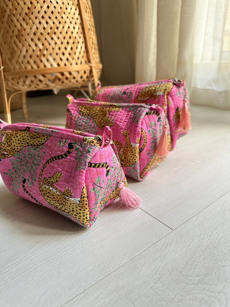 Quilted Cotton Washbag - Pink Jaguars - Hauslife