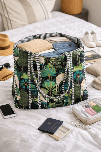 Quilted Weekender Bag - Black Peacocks & Temples - Hauslife