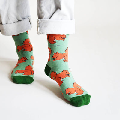 Red Squirrel Socks | Bamboo Socks | Light Green Socks - Hauslife