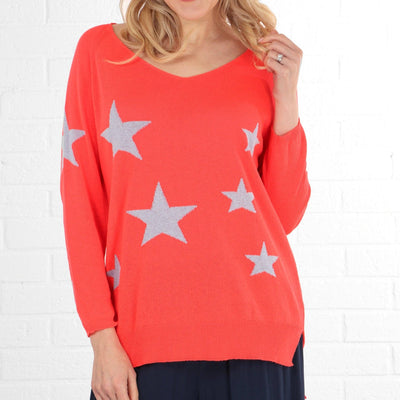 Scattered Star Print Lightweight Cotton Jumper Coral Lilac - Hauslife