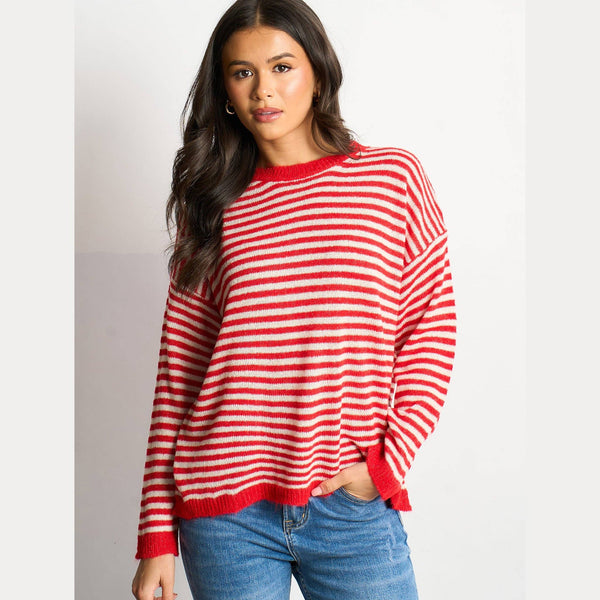 Striped Long Sleeve Italian Wool Blend Jumper in Red/Cream - Hauslife
