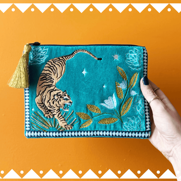 Teal Tiger Embroidered Pouch - Hauslife