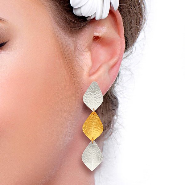 Triple Silver &amp; Gold Leaf Earrings - Hauslife