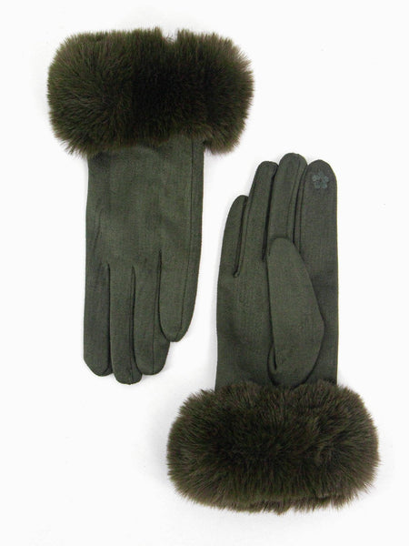 Zara Faux Fur Cuff Gloves - Khaki, Velvet - Hauslife
