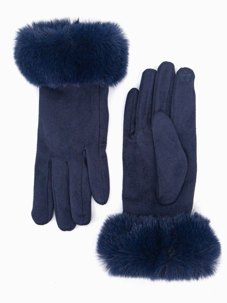 Zara Faux Fur Cuff Gloves - Navy Blue, Velvet - Hauslife