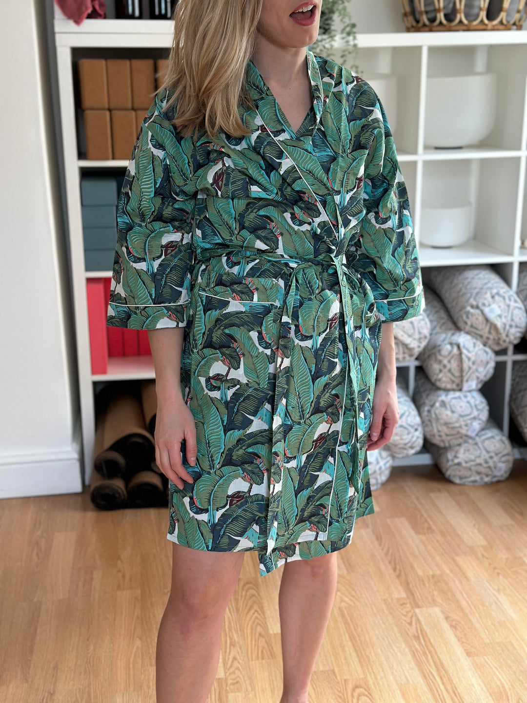 Cotton Kimono - Green Palms