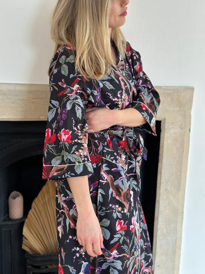 BLACK FLORAL KIMONO DRESSING GOWN WITH BIRDS